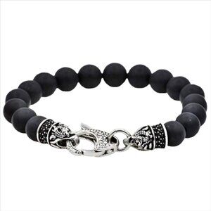 NWOT Blackjack Genuine Gemstone Stainless Steel Bead Bracelet Matte Black Onyx